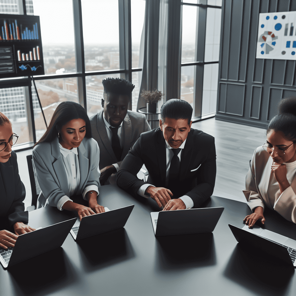 A team of professionals reviewing digital marketing data on laptops, focusing on Google Ads and Microsoft Advertising.