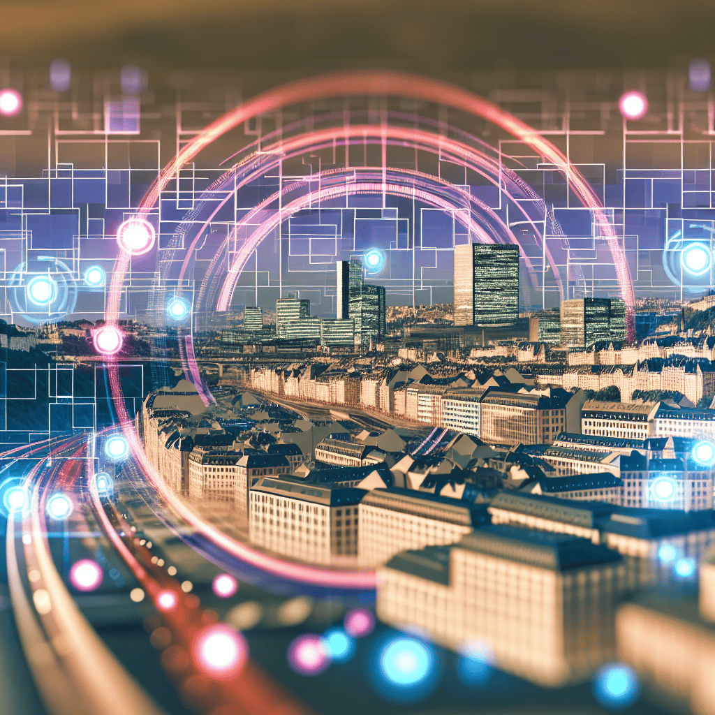 Paysage futuriste de Luxembourg avec des superpositions de données numériques représentant l'intégration de l'IA et du SEO.