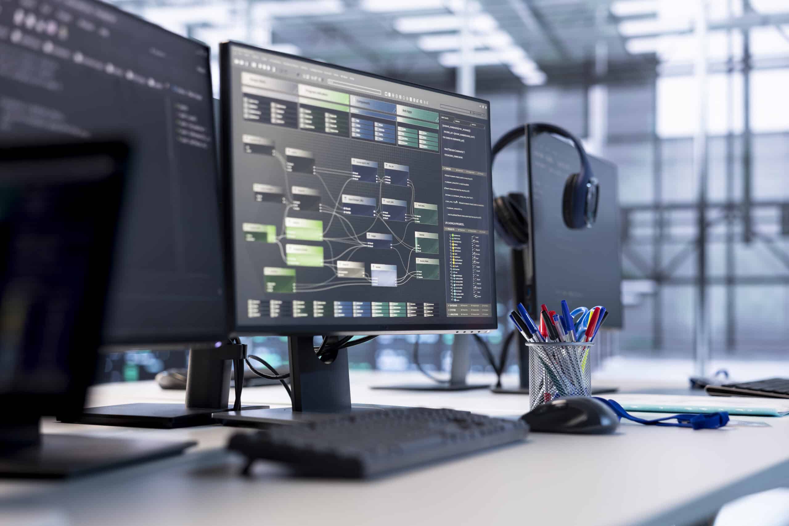 AI automation workflow interface on screen in a modern office – smart business process automation