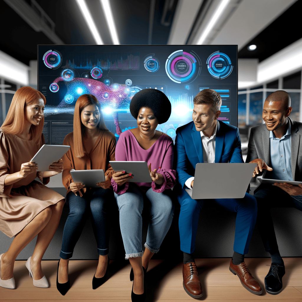 Diverse marketing team working on automation strategy with digital analytics dashboard
