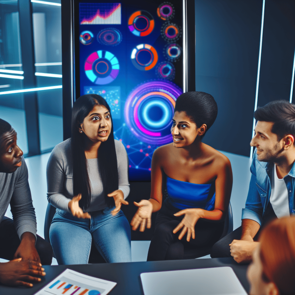 A diverse team of marketers reviewing Google Ads analytics on a large screen in a modern office setting.