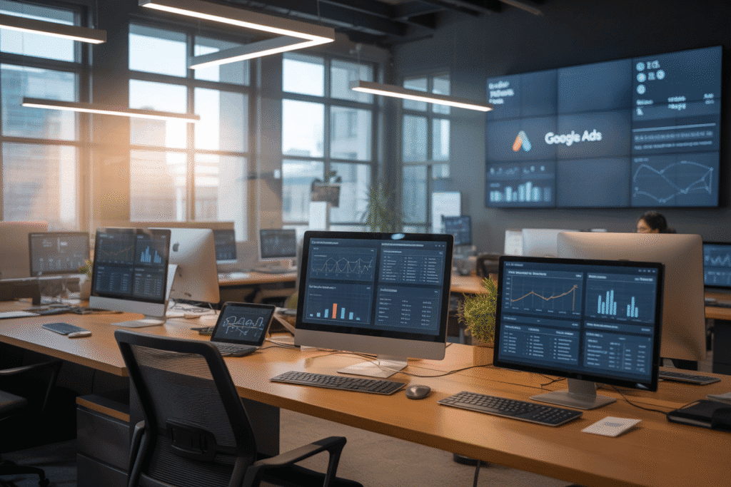 A modern office with digital dashboards displaying Google Ads analytics, symbolizing effective digital marketing strategies.