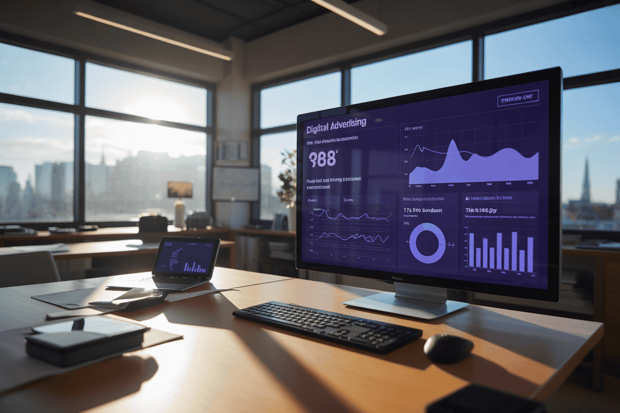 Digital advertising dashboard in a modern office setting, showcasing Microsoft Advertising strategies.