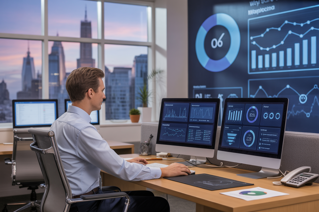 A modern office setting featuring digital dashboards for marketing automation, showcasing data charts and a cityscape view.