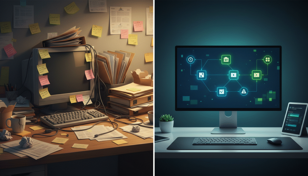 A split-screen image contrasting a messy, paper-filled desk representing manual work with a clean computer screen showing a streamlined, automated workflow diagram.