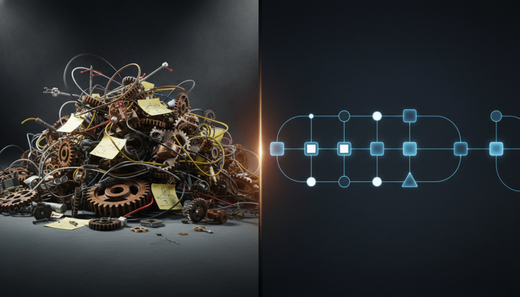 A split-screen image comparing DIY vs. agency workflow automation. The left side shows a chaotic tangle of gears and wires, while the right side shows a clean, glowing digital flowchart.