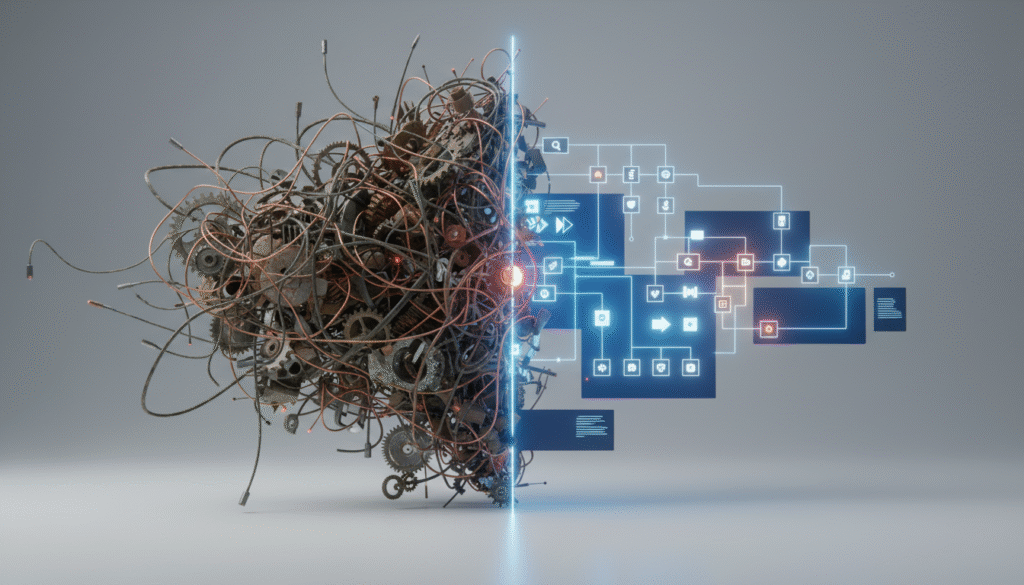 A 3D visualization showing a tangled, chaotic workflow transforming into a clean, streamlined, and efficient automated process, symbolizing the benefits of workflow automation for small businesses.