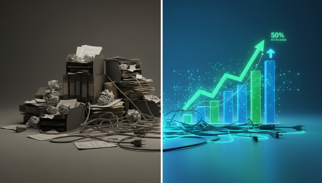 A conceptual image contrasting chaotic manual paperwork with a clean, automated digital workflow that leads to a graph showing increased ROI.