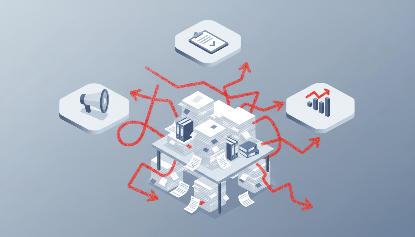 To illustrate the 'Challenge' section, visually representing the inefficiency and frustration of disconnected systems and manual data entry.