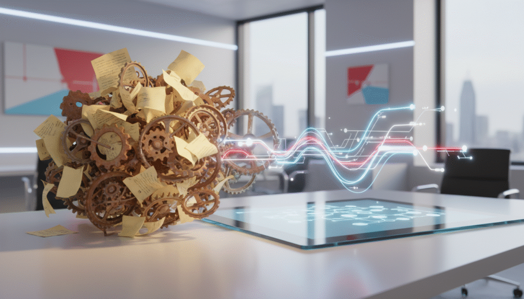 Rendu 3D conceptuel de l'automatisation des processus métier, montrant une transition du chaos des tâches manuelles à un flux de travail numérique ordonné et efficace pour les PME au Luxembourg.