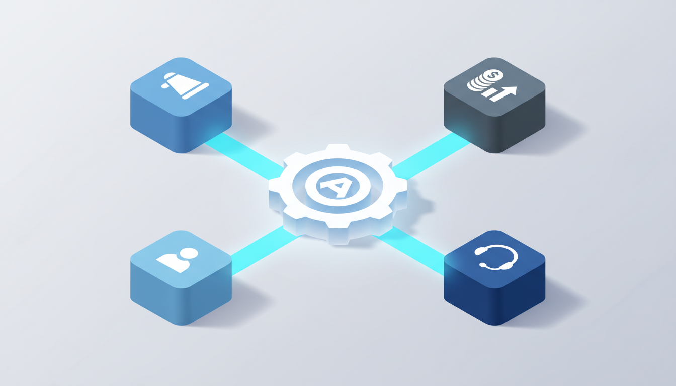 Illustration des différents domaines d'une PME (marketing, finance, RH, service client) qui peuvent bénéficier de l'automatisation des processus.