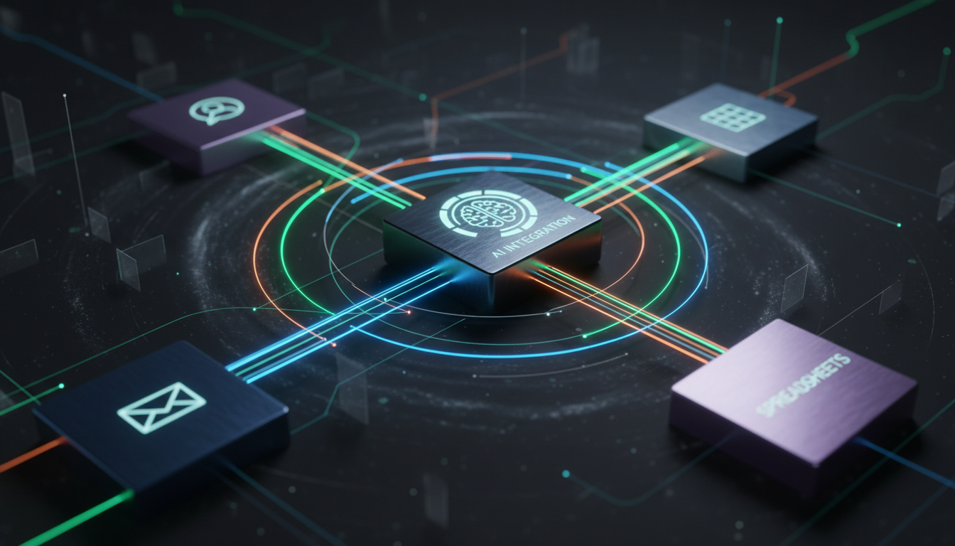 Visualisation du fonctionnement des outils d'automatisation no-code comme Make ou n8n, agissant comme une 'colle numérique' pour connecter différentes applications logicielles.