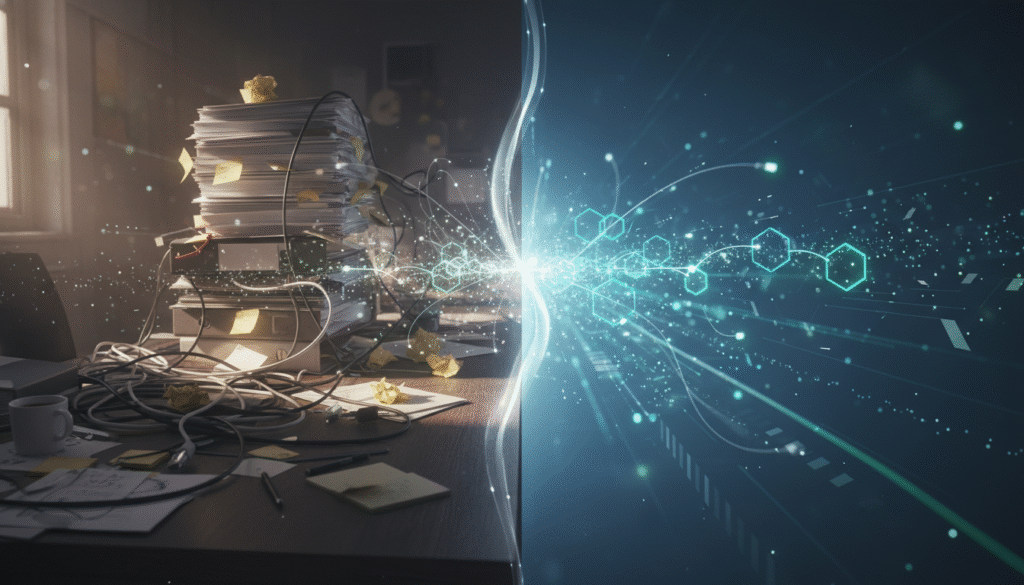 A conceptual image of business process automation, showing a split view of a messy, manual workflow transforming into a clean, efficient, and automated digital system.