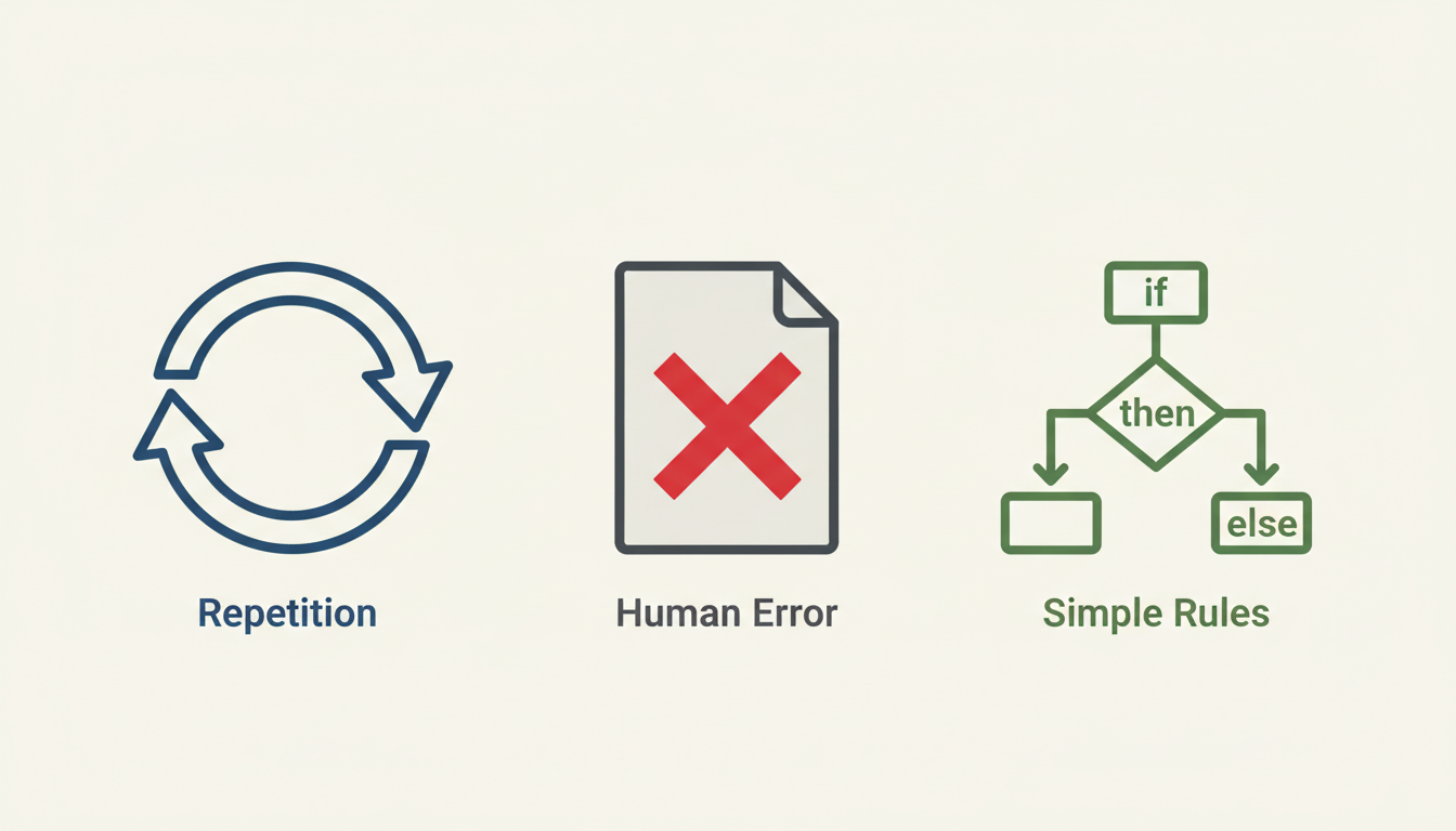 To illustrate the three key criteria for selecting which business processes to automate first: repetition, potential for error, and simplicity.
