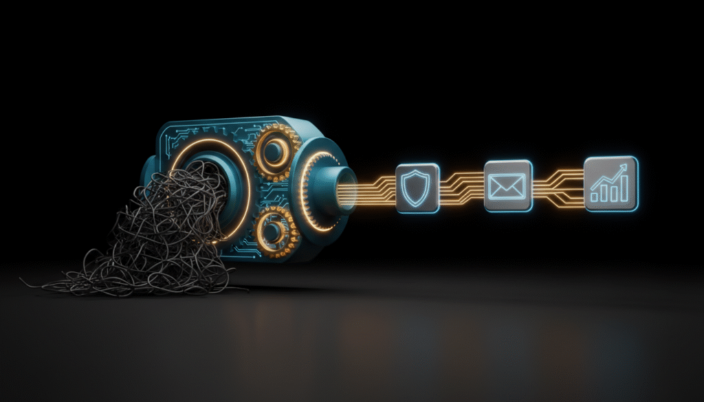 A 3D render symbolizing workflow automation, showing chaotic wires entering a digital machine and exiting as organized, glowing data streams connecting business app icons.