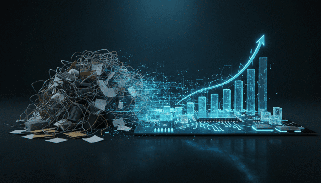 Illustration 3D de l'automatisation des processus métier, montrant des flux de travail manuels chaotiques se transformant en un système numérique ordonné et efficace, symbolisant la croissance pour les PME en 2025.