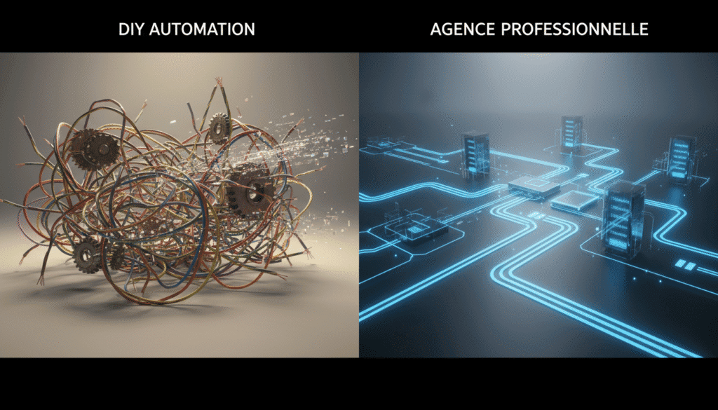 Comparaison visuelle entre l'automatisation DIY, montrée comme un enchevêtrement de câbles chaotiques, et une solution d'agence professionnelle, représentée par un flux de données propre et structuré.